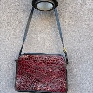 Vintage Burgundy Crocodile Embossed Leather Crossbody Bag | Black Leather Trim |